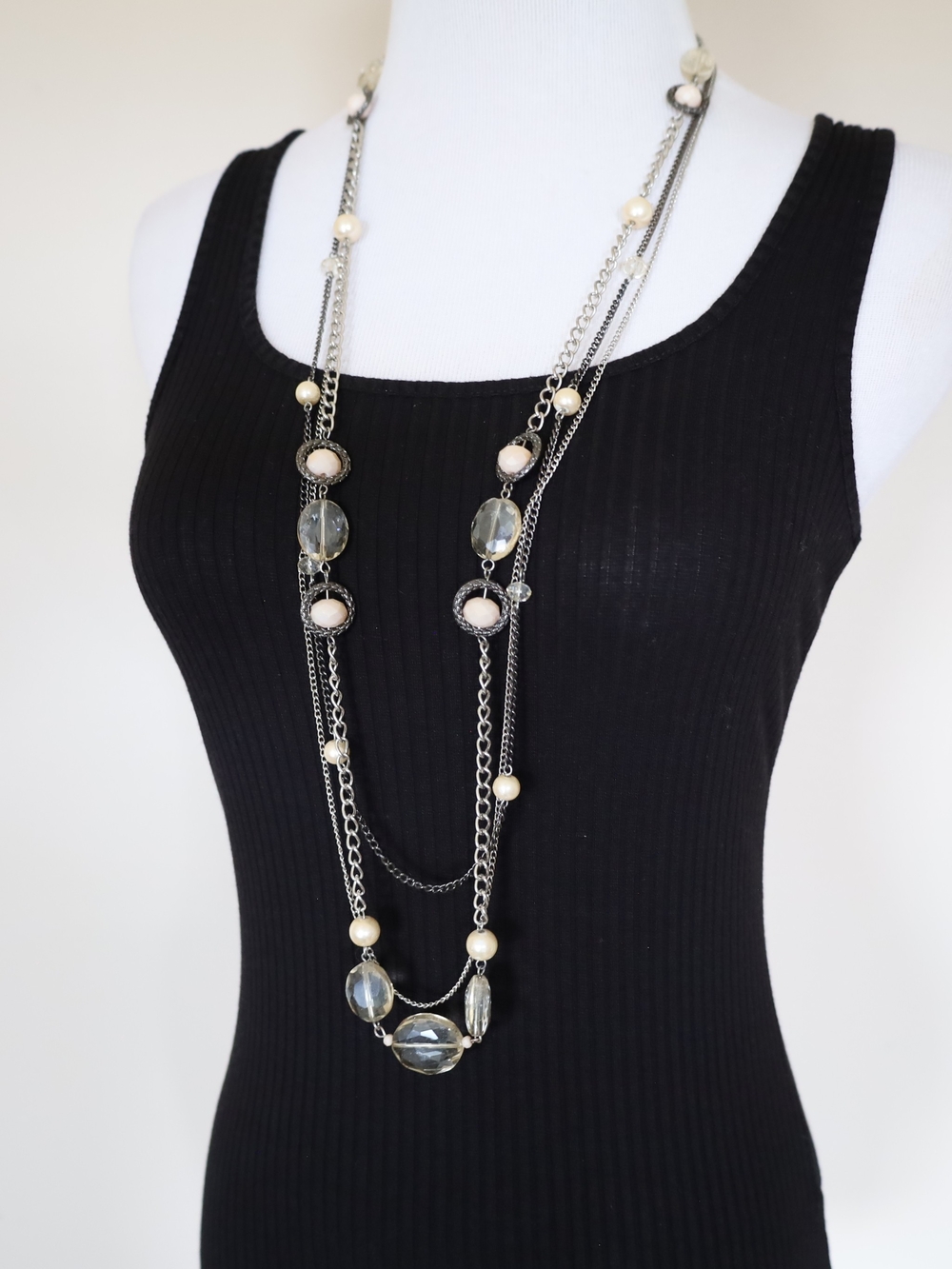 Layered Silver Chain Necklace with Clear and Cream Beads
